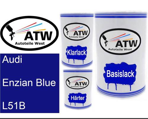 Audi, Enzian Blue, L51B: 500ml Lackdose + 500ml Klarlack + 250ml Härter - Set, von ATW Autoteile West.